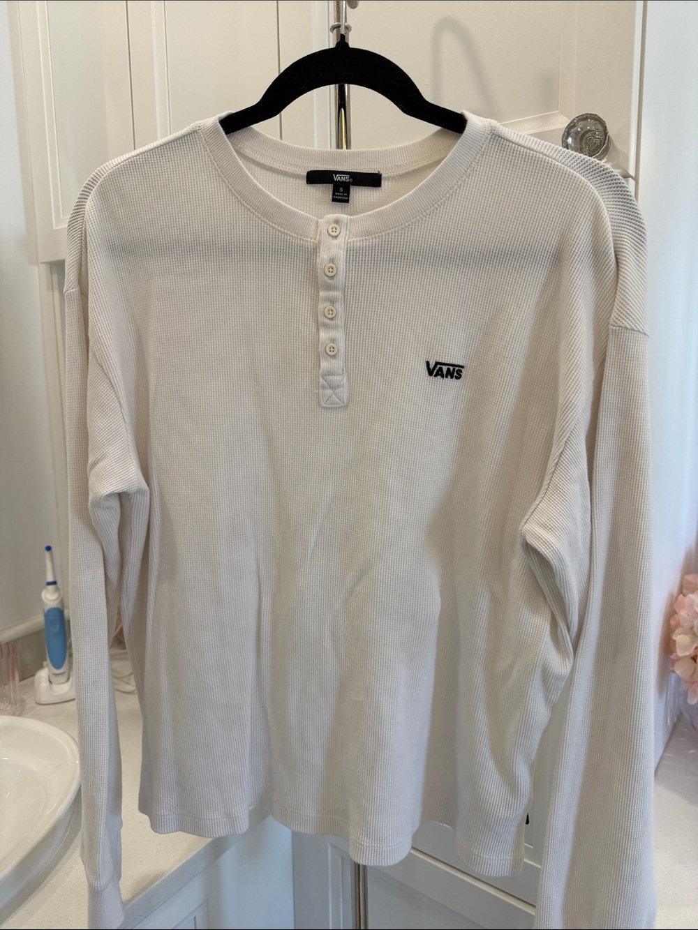Vans White Waffle Knit Henley with Chest Logo